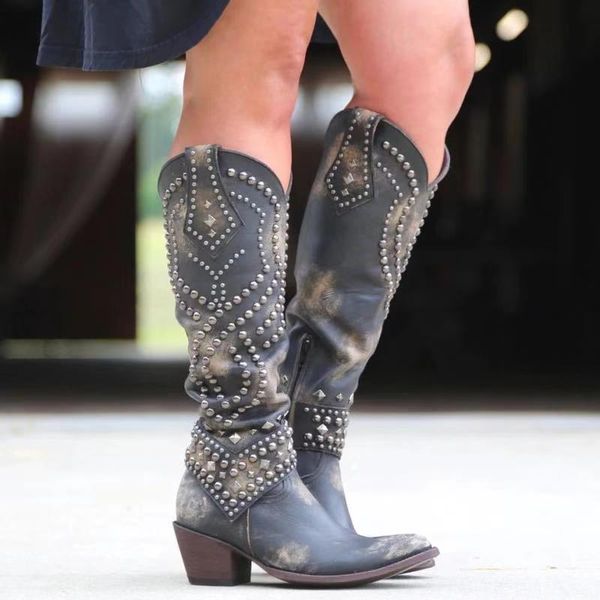 

boots heel mid rivet women's high spring 2021 comfortable thick, Black