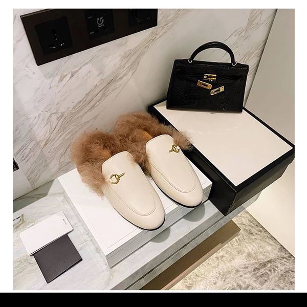 

designer genuine leather loafers fur muller slipper with buckle fashion women princetown ladies casual furmules flats new size35-40, Black