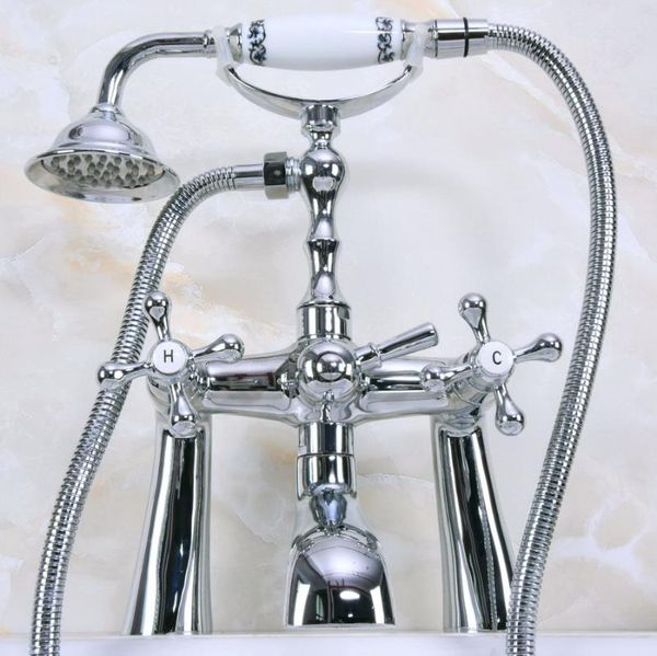 Латунная полированная хромированная колода монтируют Clawfoot ванная комната ванна крана с двойным крестом ручки для телефона ручной душевой головкой ANA126