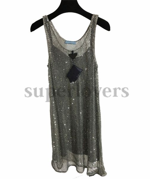 

sling dress womens hollow silver diamond mesh dresses luxury sleeveless skirts for women beachdress, Black;pink