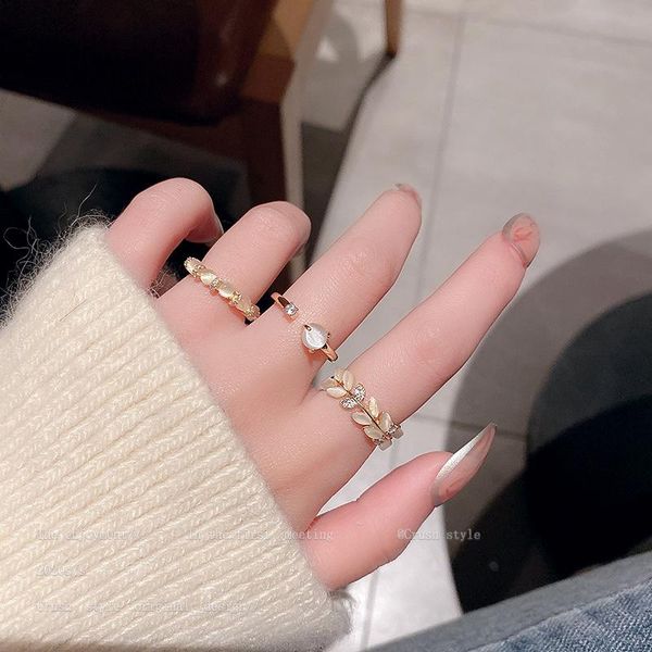 

wedding rings genuine gold electroplated opal opening ring simple personality design fashionable temperament leaf index finger, Slivery;golden