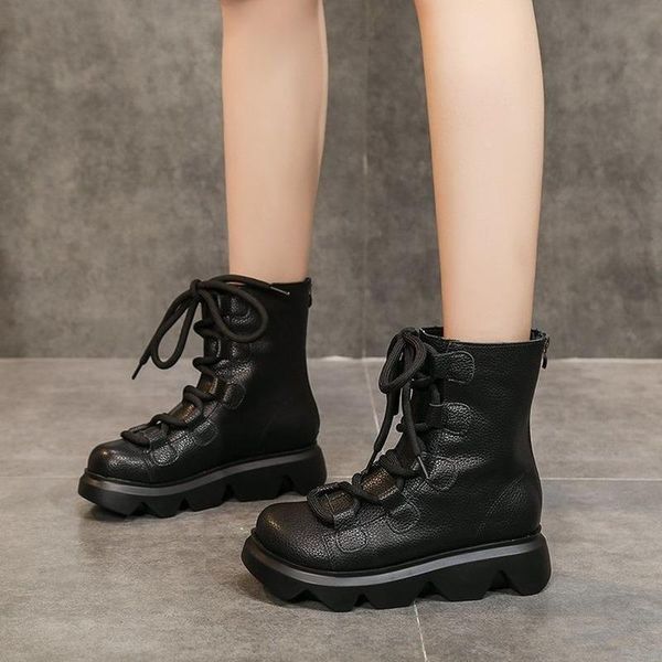 

boots leather hand made women 2021 retro winter womens lace-up western round toe woman shoes botas mujer, Black