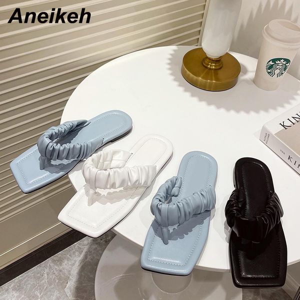 

pu women shoes summer square open toe flat heel slippers solid fashion pleated concise ladies slides casual leisure 210507, Black