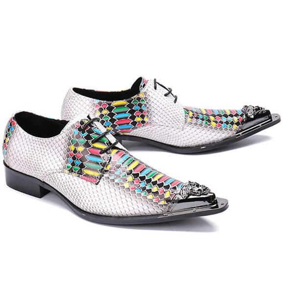 

dress shoes white snake pattern cowhide lace up men businessmen metal tip mixed color stage british, Black