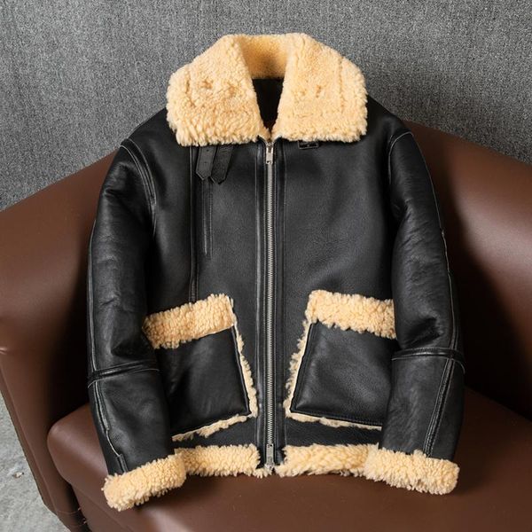 

men's leather & faux 2021 latest sheepskin fur coat lapel windproof and warm oversize european american retro leisure winter style, Black