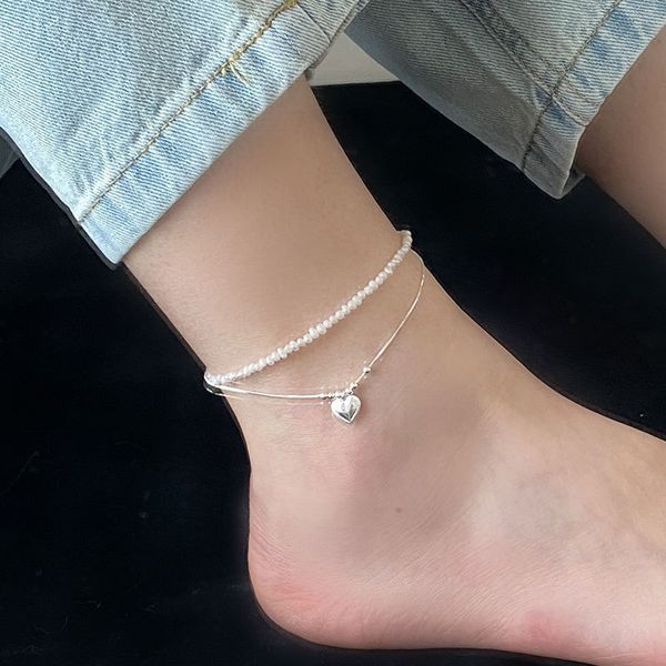 

s925 sterling silver double pearl love women's day korea simple handmade round bead anklet, Red;blue