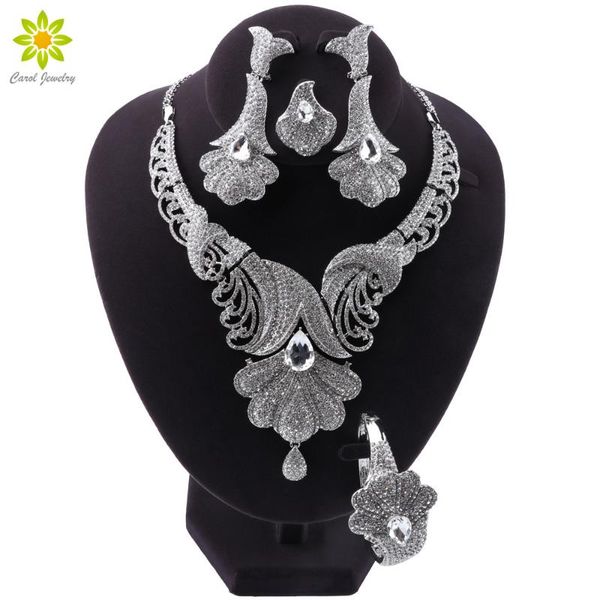 

earrings & necklace african crystal bracelet ring for women dubai jewelry set nigeria wedding bridal jewellery, Silver