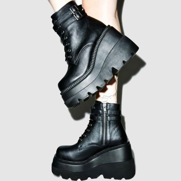 

boots brand design 2021 big sizes 43 platform high heels cosplay fashionable autumn winter wedges shoes ankle women, Black