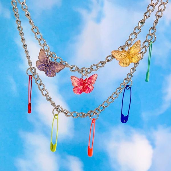 

pendant necklaces beauty layer fashion unique paper clip butterfly two chains pendent necklace safety pin bling tiny punk collar jewelry, Silver