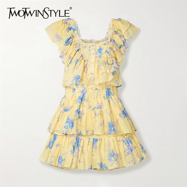 

vintage patchwork ruffle dress for women square collar short sleeve high waist summer dresses female fashion 210520, Black;gray