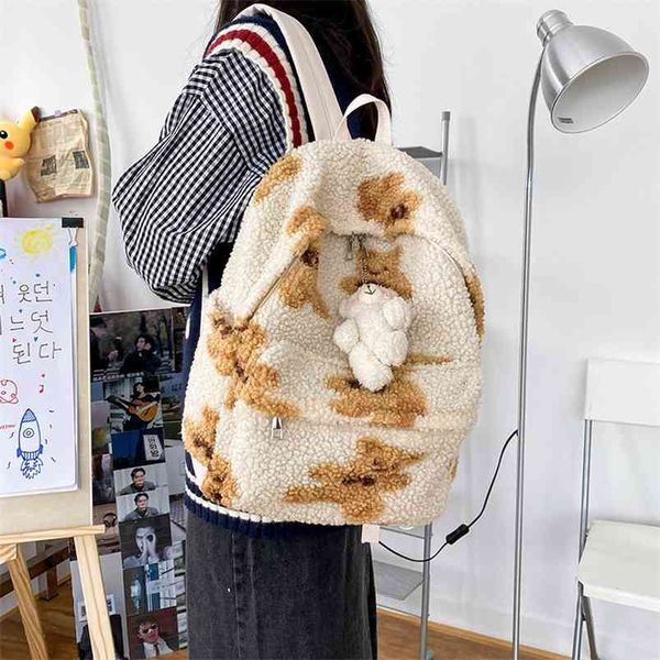 Имитация волос ягненка рюкзак женские школьные сумки для девочек-подростков медведей печатать милый рюкзак bagpack kawaii рюкзак mochila mujer 210922