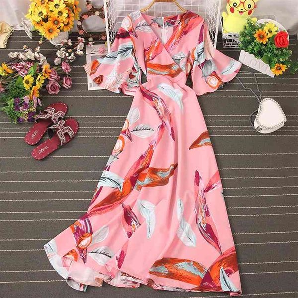 

seaside vacation beach skirt v-neck waist big swing all-match short-sleeved thin print super fairy dress female uk018 210507, Black;gray
