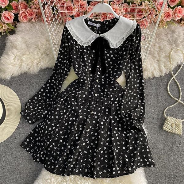 

spring floral print womens dresses long sleeve boho mini women lovely sweet korean a line robes vacation black, Black;gray