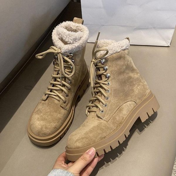 

boots xmwrlw leather women snow warm plush winter shoes casual lace up ankle for 2021 female boot, Black