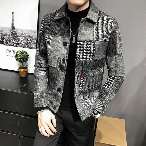 

abrigo hombre korean casual men stitching jacket slim jacket fashion warm long-sleeved plaid gentleman pockets coat jacket 211119, Black