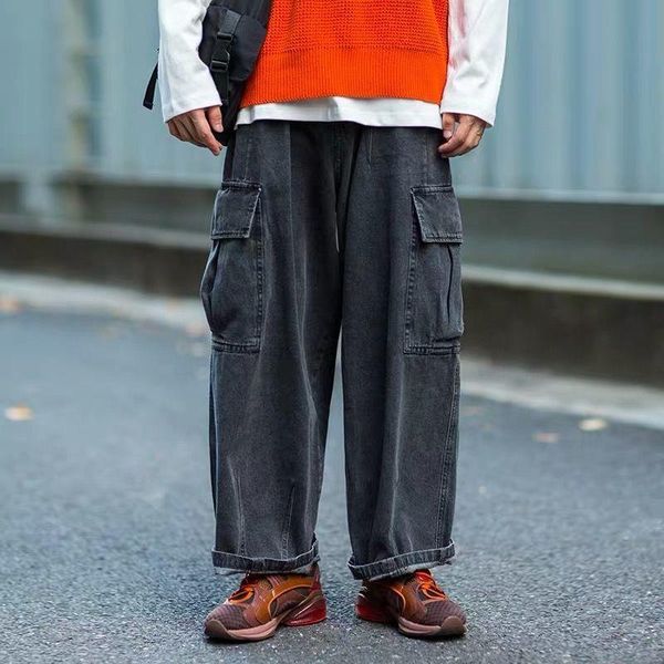 

men's jeans dark high street japanese retro pocket summer men korean version of the trend loose straight casual overalls, Blue