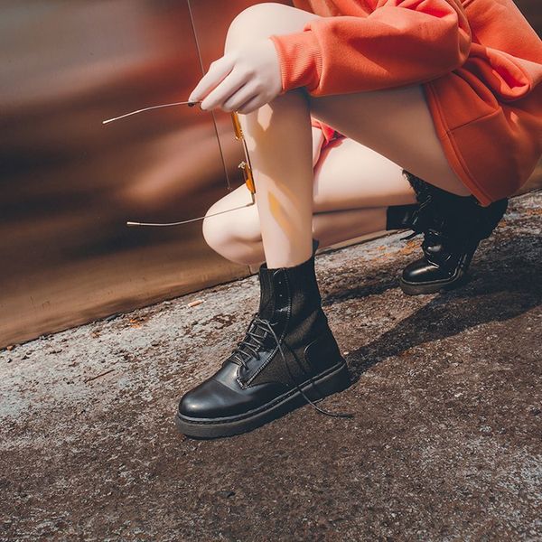 

boots concise solid pu round toe mid calf for women mature lace-up autumn low square heel winter ladies shoes rubber 7y7t, Black