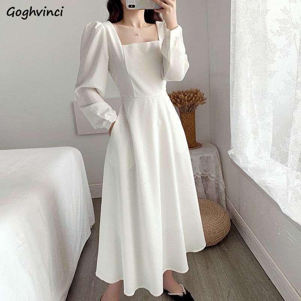 

casual dresses women long sleeve dress puff sleeves square collar backless midi a-line solid temperament retro slim ulzzang simple elegant i, Black;gray