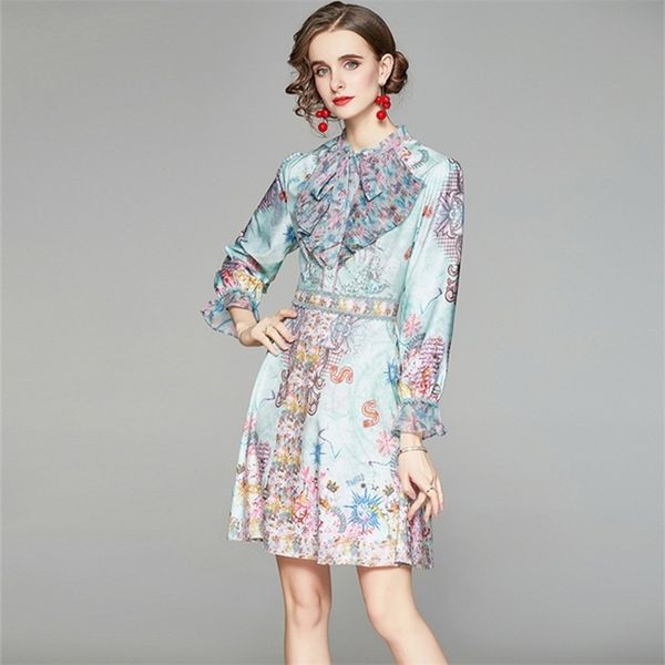 

spring gorgeous floral runway dress women elegant ruffles o neck long sleeve slim flower print a line vintage mini dress 210514, Black;gray