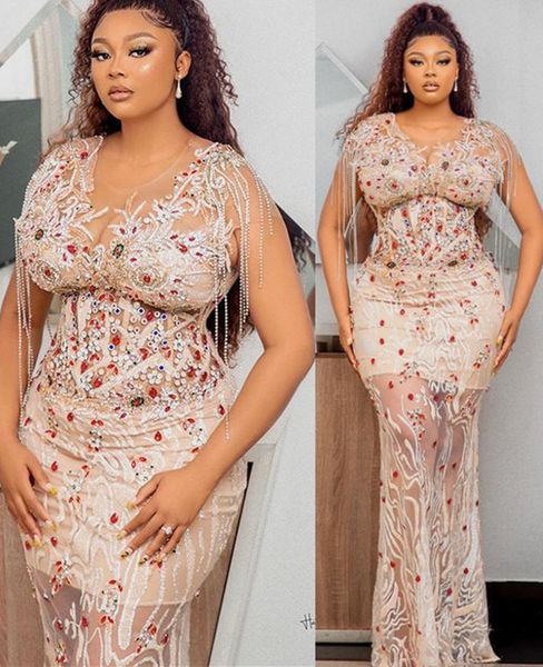 

aso ebi 2021 arabic plus size luxurious lace crystals evening dresses sheer neck beaded sheath prom formal party second reception gowns dres, Black;red
