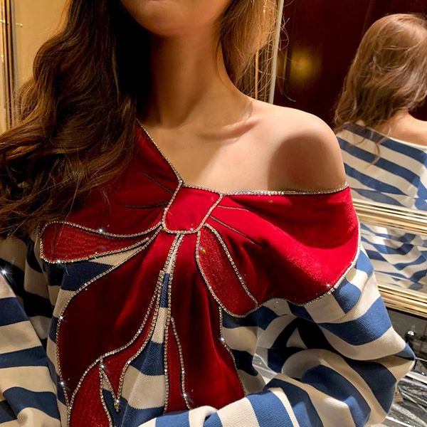 

women's t-shirt fashion women off shoulder contrast color striped velvet bow tees, White