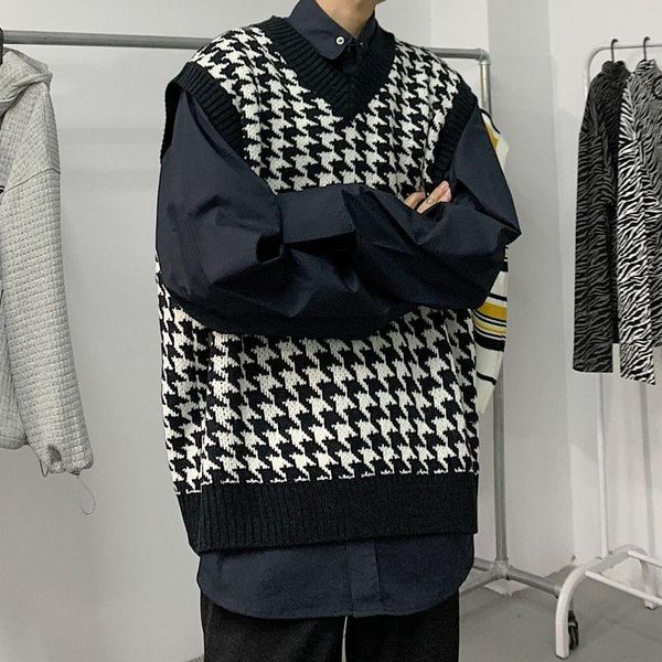 

men's vests v-neck houndstooth knitted pullover vest college style retro all-match sleeveless sweater casual male clothing jacquard coa, Black;white