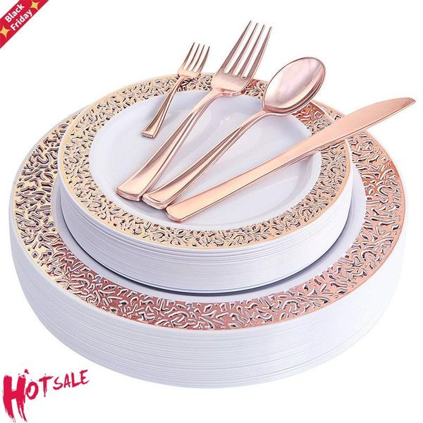 

disposable tableware birthday party wedding restaurant supplies plastic plate gold plated cup knife and fork spoon dinnerware