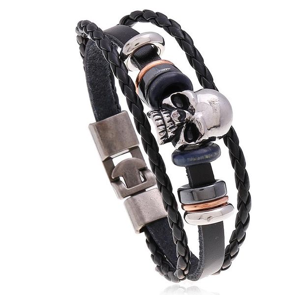 Tennis stile punk in lega di zinco fascino teschio bracciali in pelle bovina Easy-hook manuale intrecciato con perline braccialetti in vera pelle gioielli da polso