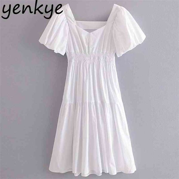 

summer women white female v neck lantern sleeve elastic waist a-line midi elegant dress party vestido 210514, Black;gray