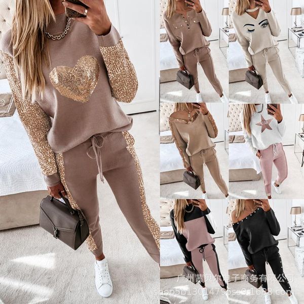 

women's two piece pants suit fashion clothing 2021 casual high neck long sleeve and pocket autumn two-piece pullover, White