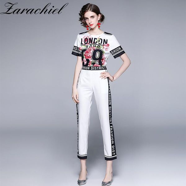

fashion two piece outfits floral letter print sport suits 2021 summer women short sleeve t-shirts + pocket long pant tracksuit women's, White