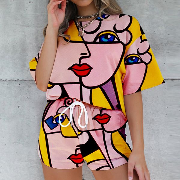 

tracksuits elegant tracksuit sports 2 pieces set summer loose lady print pullover + hight waist short pants women streetwear outfits, Gray