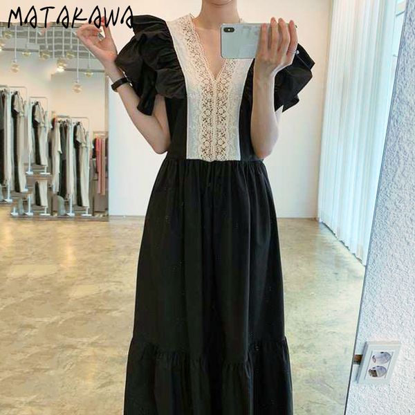 

matakawa hepburn style v-neck short-sleeved women dress lace embellishment elegant vestidos was thin high waist long dresses 210513, Black;gray