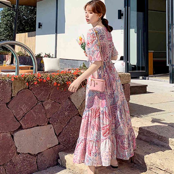 

dresses 2021 summer floral print long es womens chiffon v-neck boho beach korean vintage casual robe vestidos, Black;gray