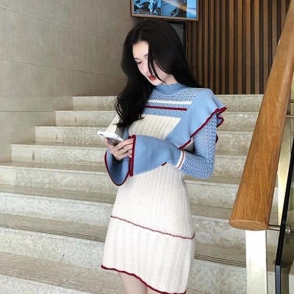 

fashion elegant patchwork midi knitted sweater dress winter women knit bodycon ruffles pullover dresses casual, Black;gray