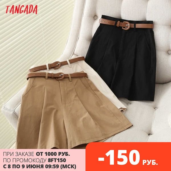 

tangada summer women elegant solid cotton shorts with belt pockets ol shorts pantalones 7h02 210609, White;black