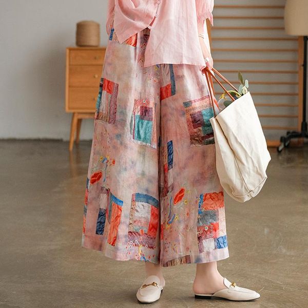 

women's pants & capris johnature women linen elastic waist print floral loose vintage wide leg 2021 summer chinese style soft trousers, Black;white