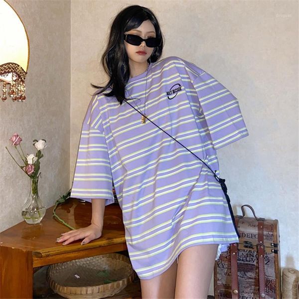 

women's t-shirt vintage basic purple striped couple short-sleeved for girls oversize harajuku e gril aesthetic summer top, White