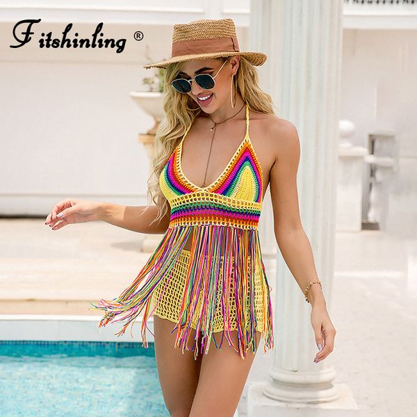 

fitshinling rainbow vintage bikinis swimwear 2021 handmade crochet fringe bras baless vest summer holiday top
