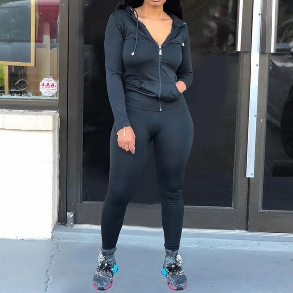 

women's two piece pants 2021 autumn set women long sleeve hooded zipper pocket sporty jackets+leggings matching sets workout stretchy o, White