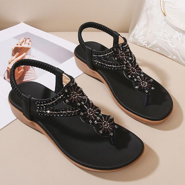 

sandals roman style women open toe crystal elastic bohemian shoes flat heel thick bottom flip flops ladies 2021, Black