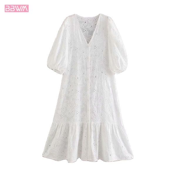 

chic women fashionable elegant v-neck lantern sleeve hollow embroidered dress vintage fresh white dresses vestidos mujer 210507, Black;gray