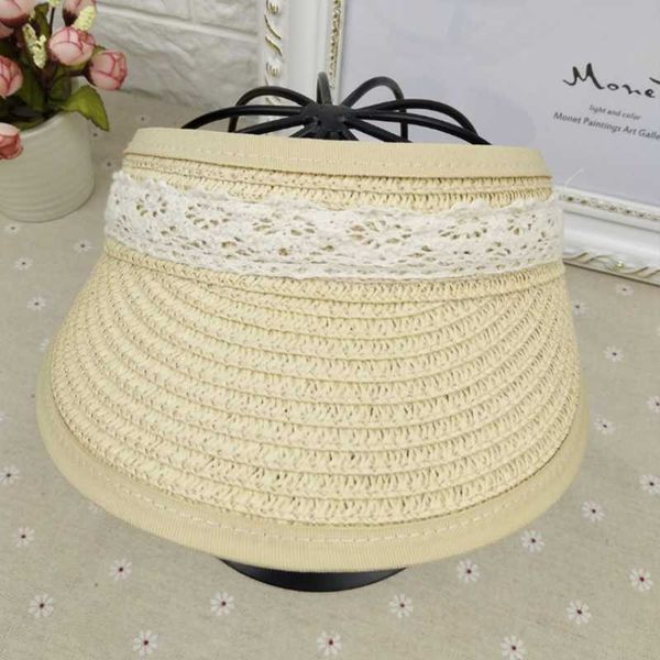 

wide brim hats summer outdoor lace straw for women beach holiday adjustable visor hat with big heads, Blue;gray