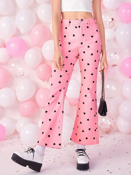 

heart print flare leg pants j9rc#, Black;white