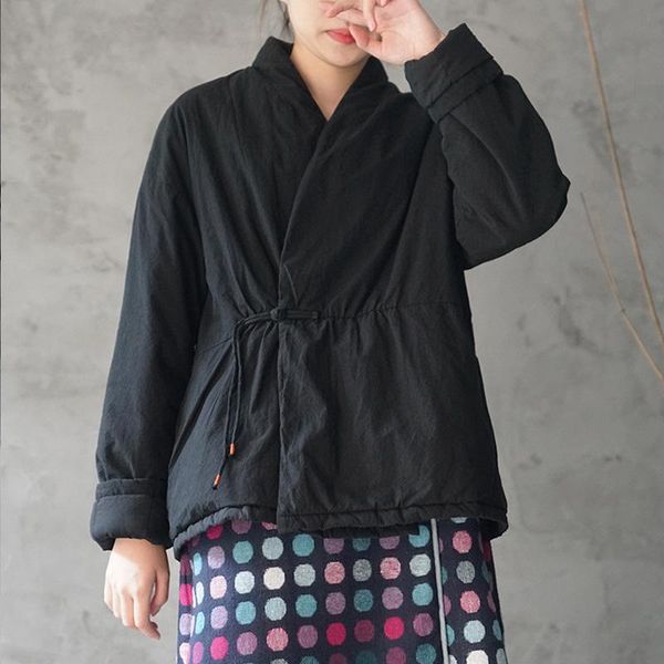 

johnature women vintage cotton coats solid color winter parkas v-neck long sleeve button 2021 female warm chinese style women's down &, Black