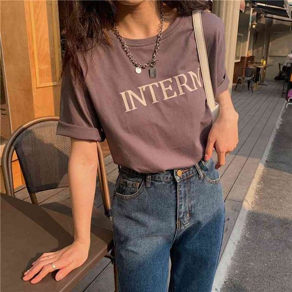 

women's t-shirt basic cotton short sleeves chic letters printed stylish all match brief new loose casual t-shirt, White