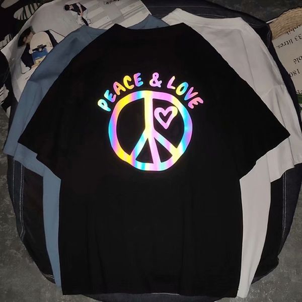 

summer half fashion brand laser dazzling color reflective short sleeve men's trend loose couple casual t-shirt, White;black