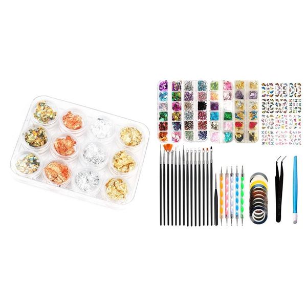 

nail art kits 1 box gold silver copper rainbow foil paillette chip & set 3d decorations kit with pen tools