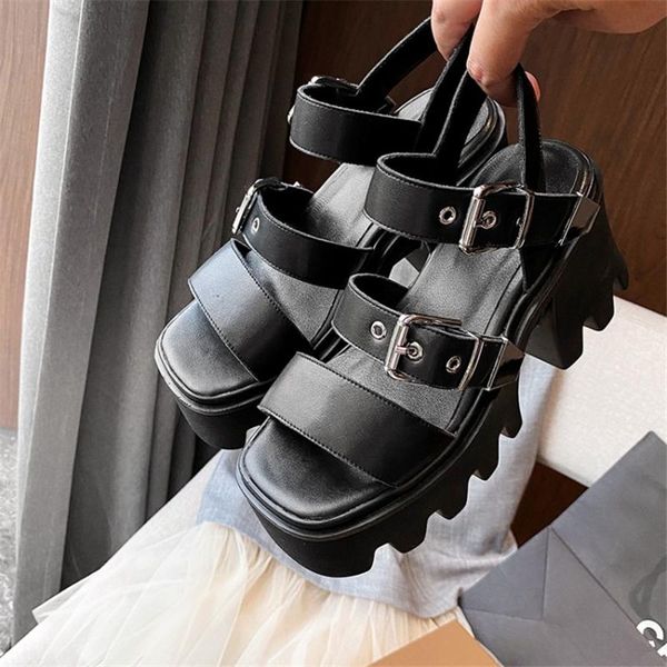 

punk casual shoes women genuine leather sandals buckle high heels platform fashion open toe gladiator wedges, Black