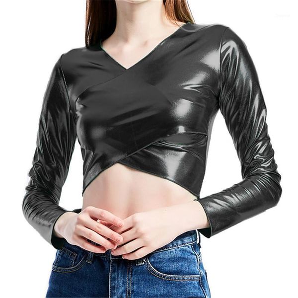 

womens long sleeve crop shiny v neck cross wrap bodycon short tshirts latex wetlook party night stage dance clubwear women's t-shirt, White